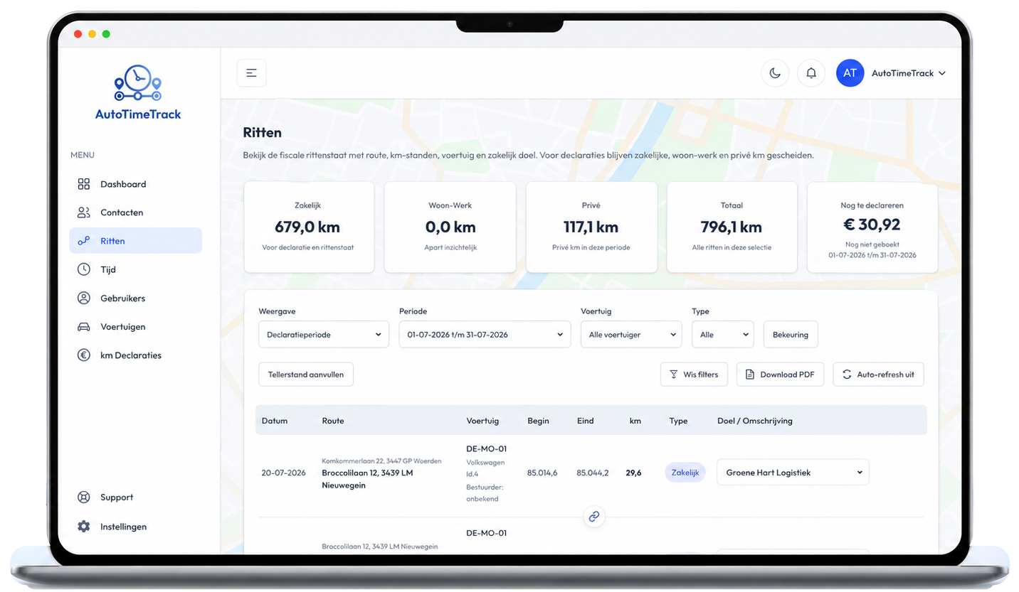 AutoTimeTrack Pro rittenoverzicht op een laptop (voorbeeld, in ontwikkeling)